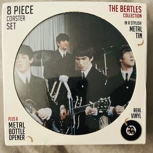Beatles 8 Piece Coaster Set With Metal Tin & Metal Bottle Opener Real Vinyl NWOT